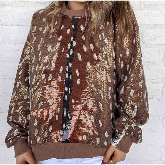 Queen Of Sparkles Tops - The Queen Of Sparkles Brown Deer Sweatshirt fully sequined and beaded six’s larg